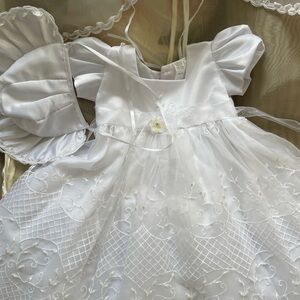 White Baptismal/Christening outfit with Embroidered Tulle Overlay, Bonnet, Cape